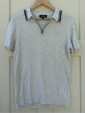 Express Mens Sz Med Light Gray Half Zip Knit Polo Shirt 100% Cotton Short Sleeve